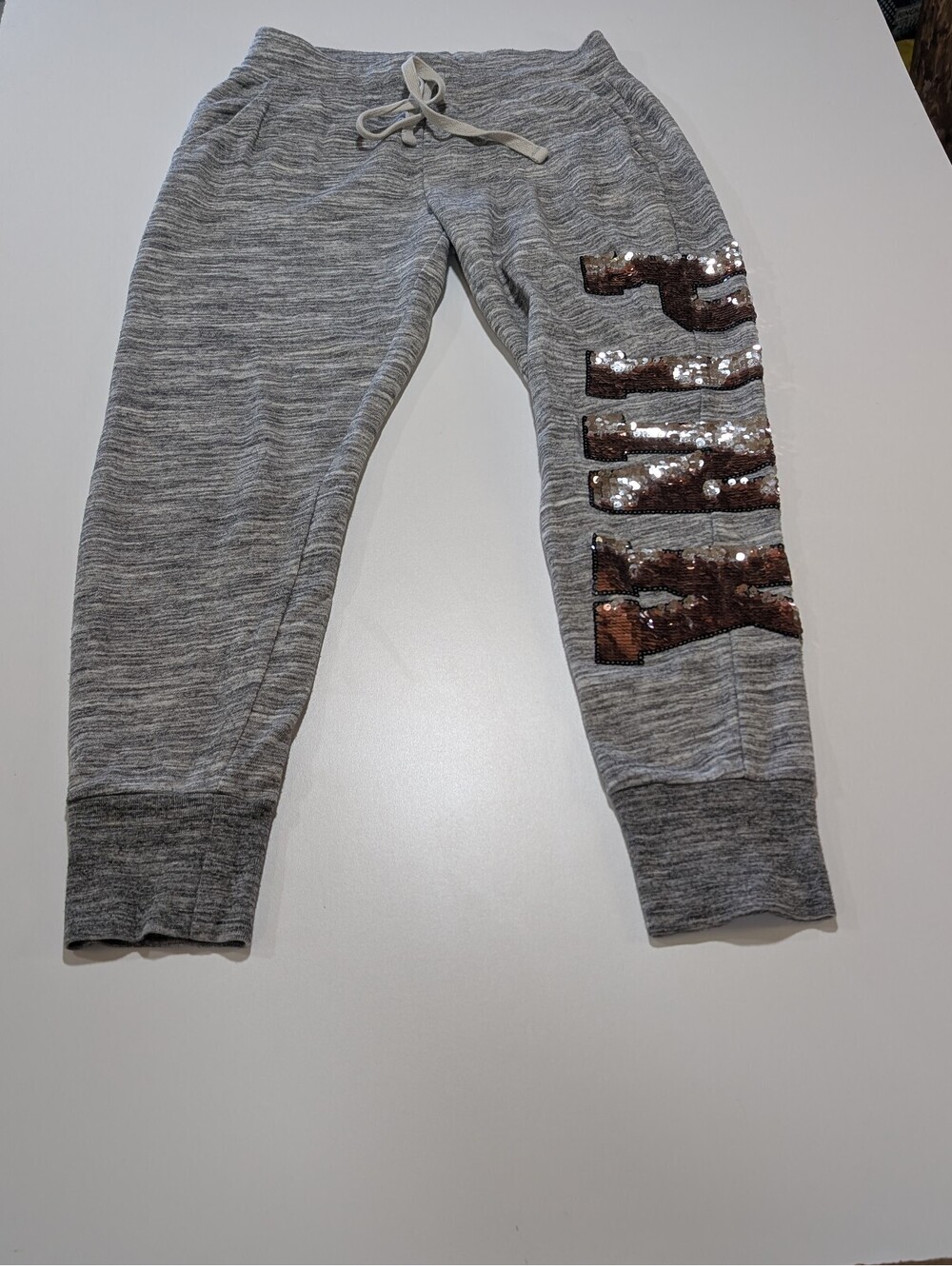 Victoria's Secret Pink Flip Sequins Bling Marled Gray LOGO Jogger Sweat Pants